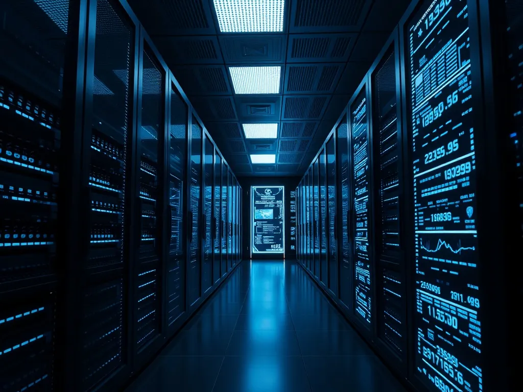 Modern dark bank server room with glowing blue and white dat