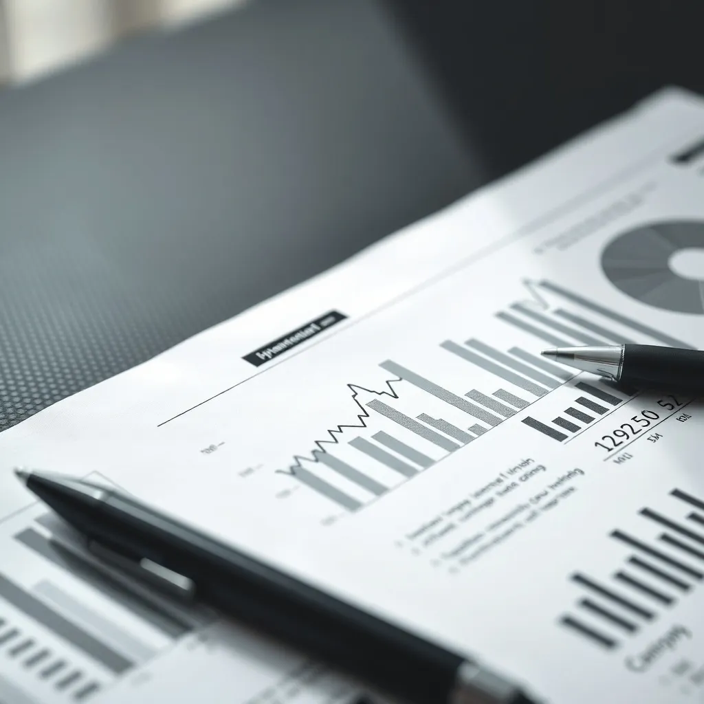 Close up of a professional financial report with black and w