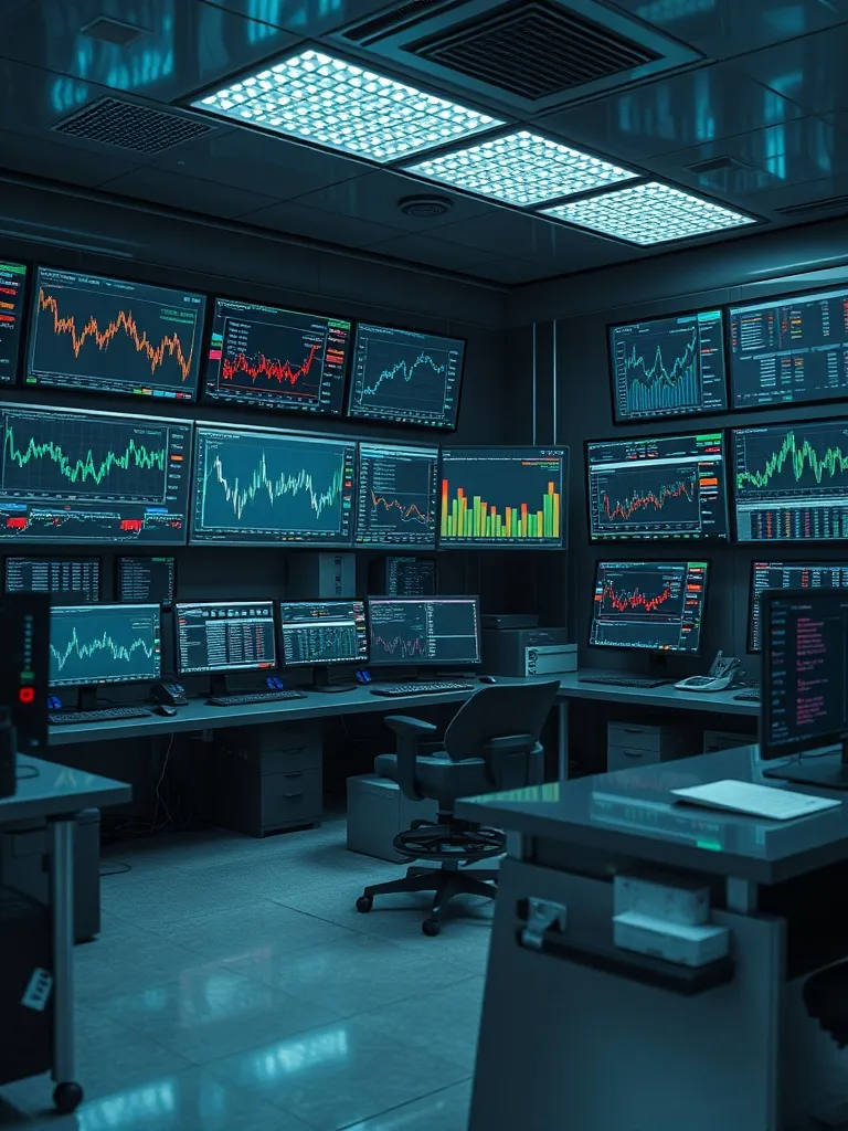 A high-tech financial laboratory office with multiple monito