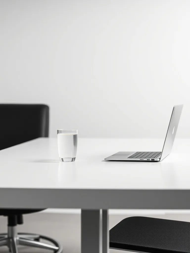 A minimalist modern office desk with a silver laptop and a g