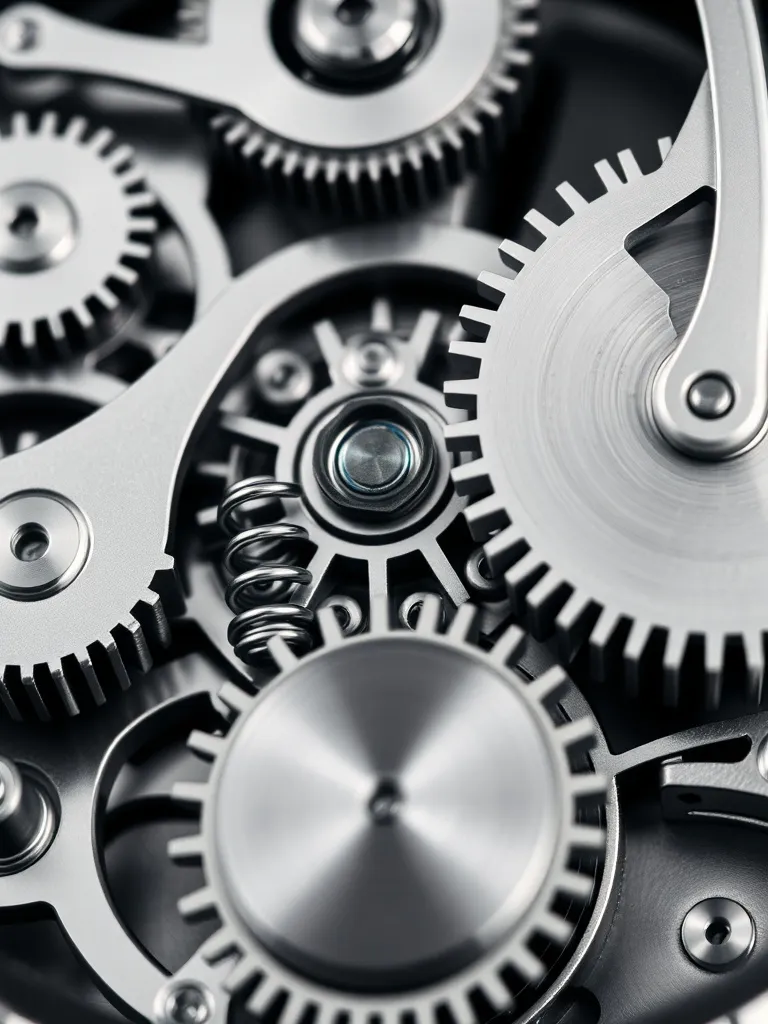 Close up of a mechanical clock mechanism, gears and springs,
