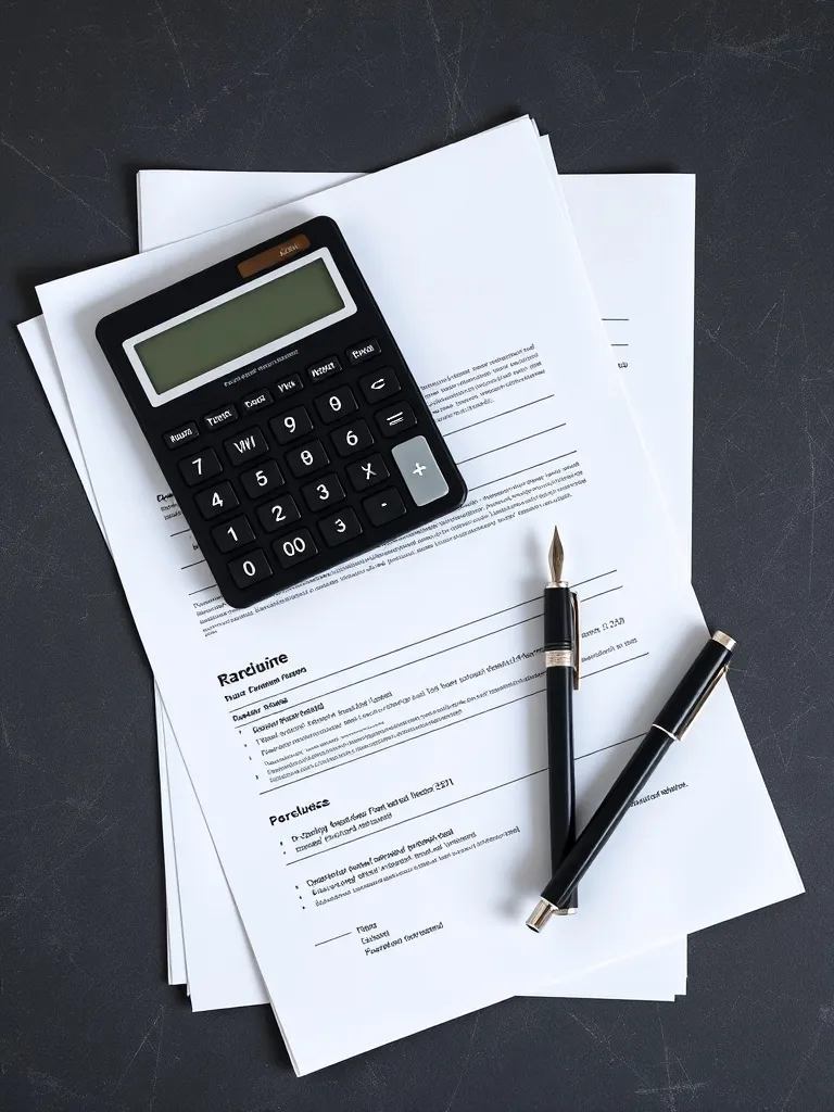 A minimalist flat lay of tax documents, a sleek calculator,